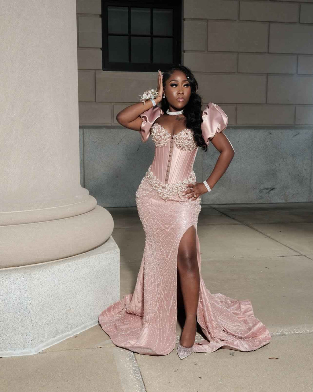 Pearl Perfection - Beaded Corset Mermaid Prom Dress with Detachable Sleeves