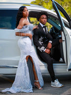 Silver Frost - Silver Crystal Beaded Off-Shoulder Mermaid Prom Dress with Crystal Fringe & Thigh Slit BMBRIDE