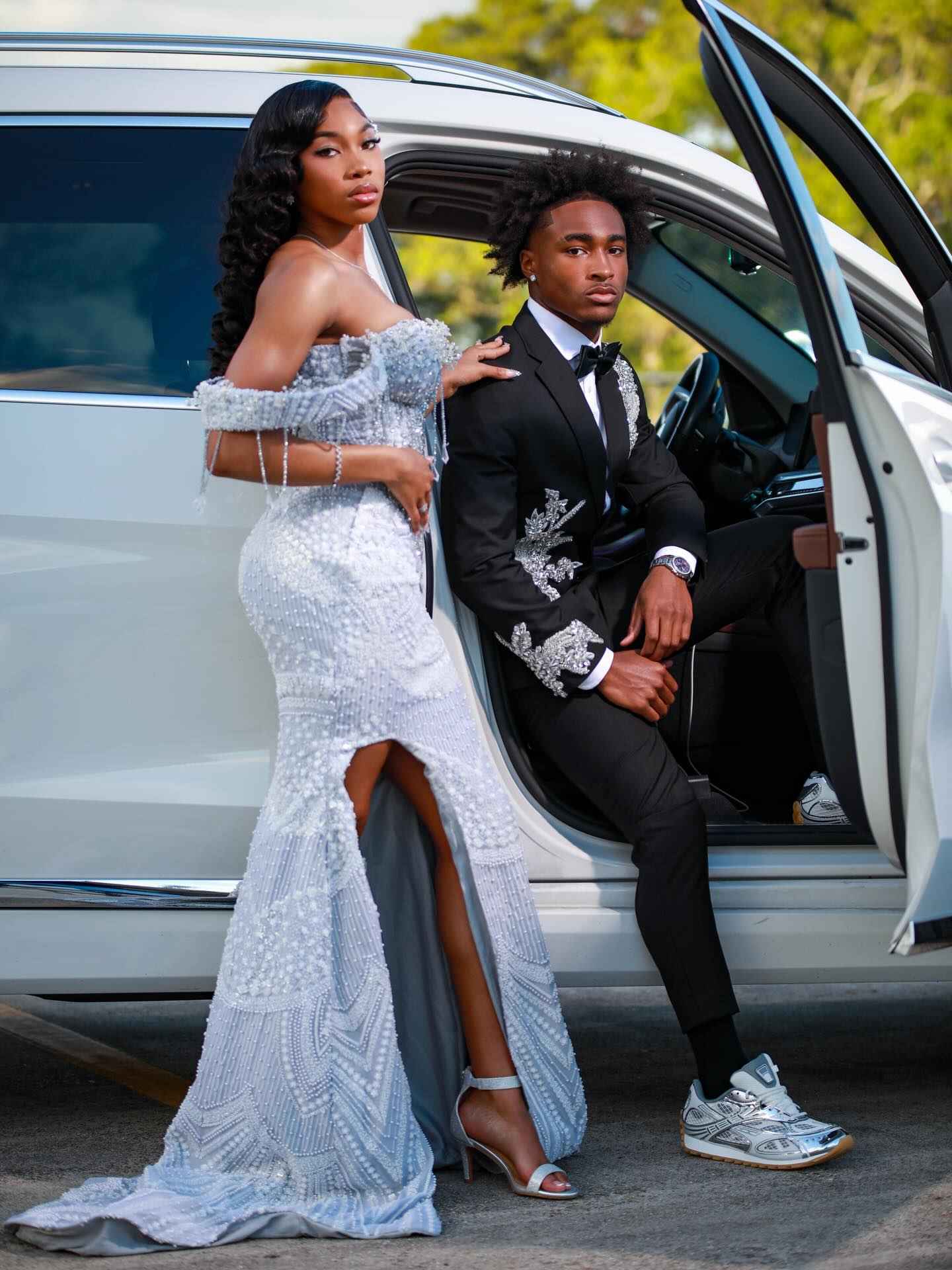 Silver Frost - Silver Crystal Beaded Off-Shoulder Mermaid Prom Dress with Crystal Fringe & Thigh Slit
