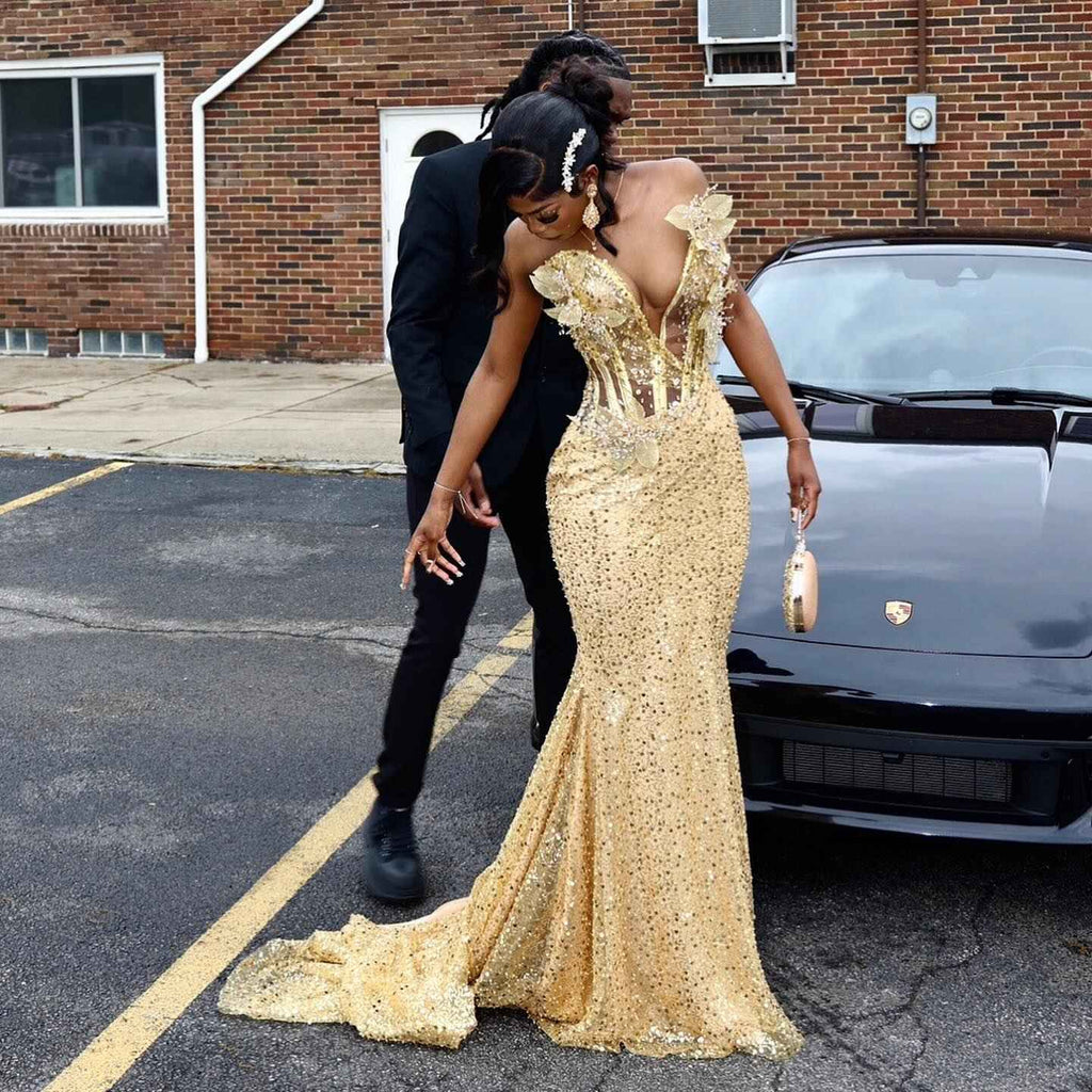 24K Gold - Sequined Corset Mermaid Prom Dress with 3D Florals