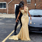 24K Gold - Sequined Corset Mermaid Prom Dress with 3D Florals
