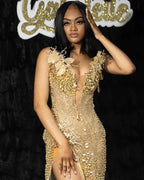 Golden Goddess - Luxury Beaded Mermaid Prom Dress with 3D Florals & Fringe BMBRIDE