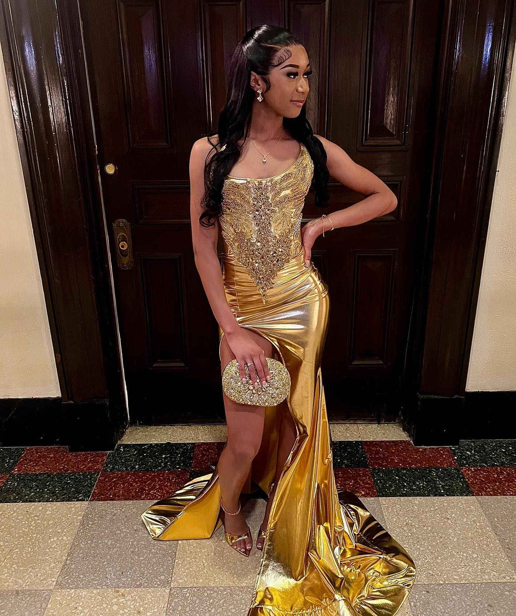Golden Muse - Beaded Satin Mermaid Prom Dress with High Slit
