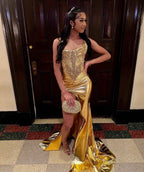 Golden Muse - Beaded Satin Mermaid Prom Dress with High Slit