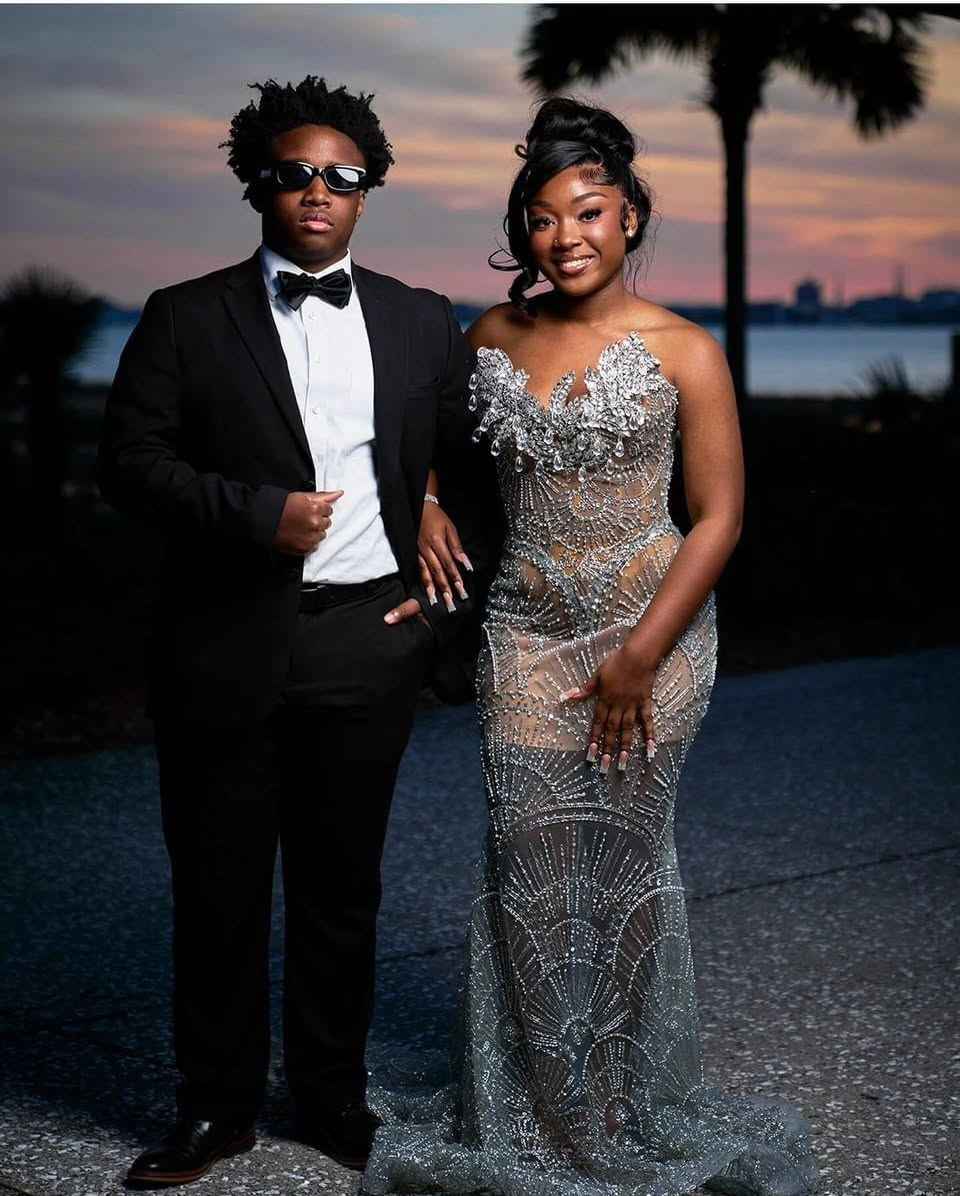 Silver Deco - Art Deco Beaded Prom Dress with Lace-Up Back & 3D Florals
