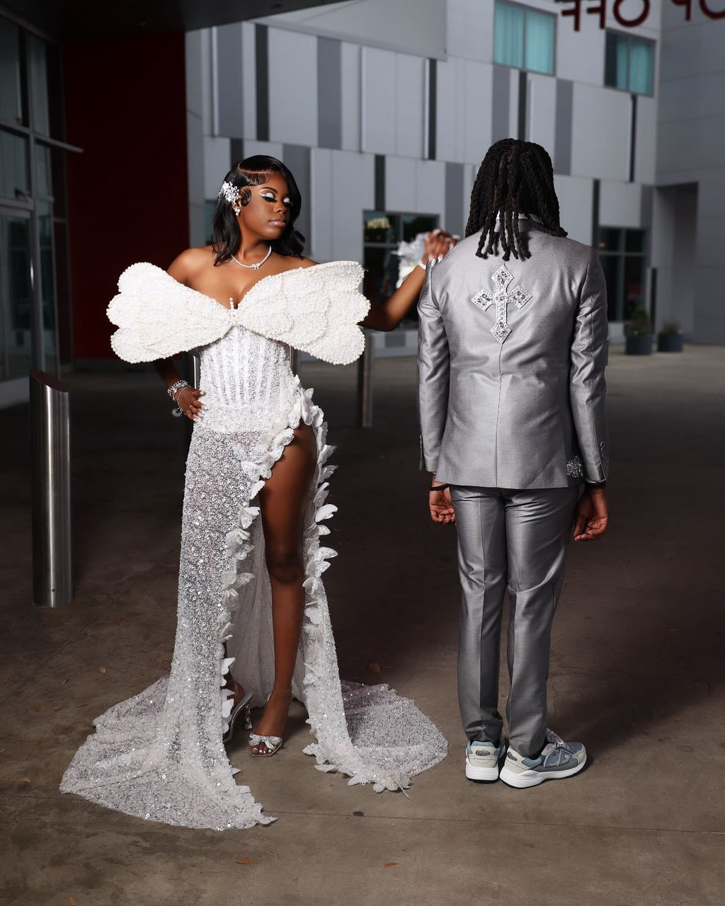 The White Butterfly - 2026 Oversized Bow Sleeve Beaded Mermaid Gown: Dramatic Statement Sleeves with Silver Sequins & 3D Floral Train