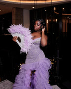 The Lavender Dream - 2026 Lavender Purple Crystal Feather Ruffle Mermaid Gown: Sweetheart Neckline with Feather Sleeves & Layered Tulle Cathedral Train