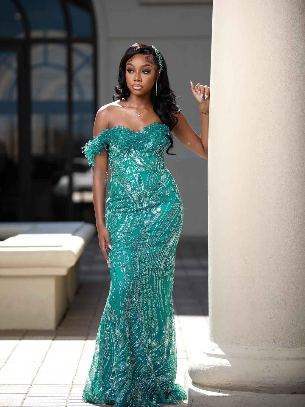 Emerald Dream - Off-Shoulder Sequin Beaded Mermaid Prom Dress with 3D Floral Details