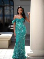 Emerald Dream - Off-Shoulder Sequin Beaded Mermaid Prom Dress with 3D Floral Details
