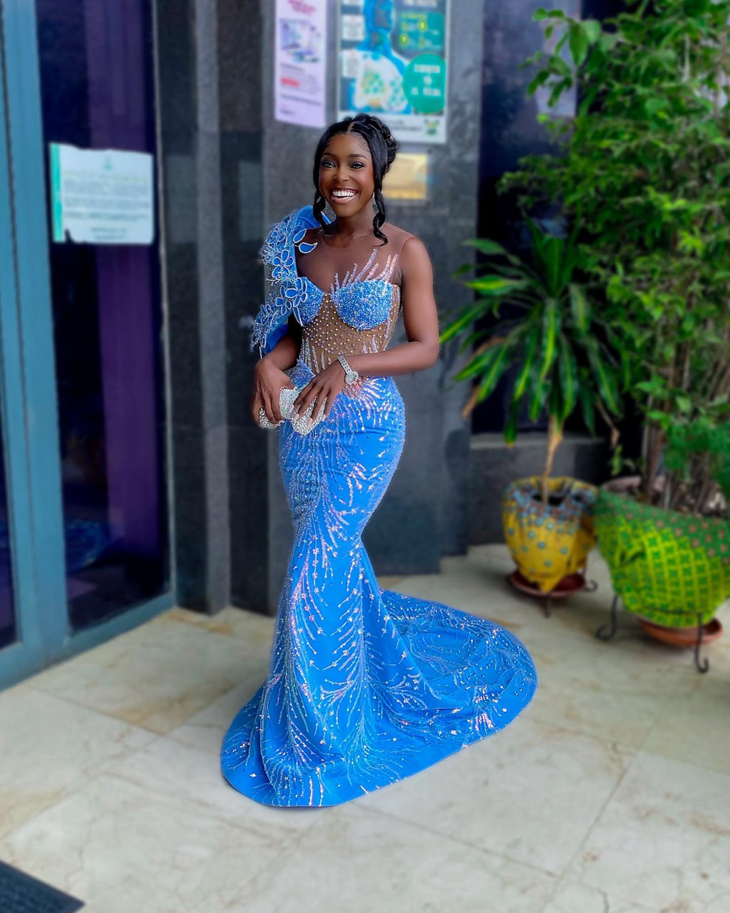 The Blue Butterfly - 2026 Beaded Mermaid Gown: One-Shoulder Blue Lace Appliqué with Sheer Crystal Corset & Geometric Beadwork