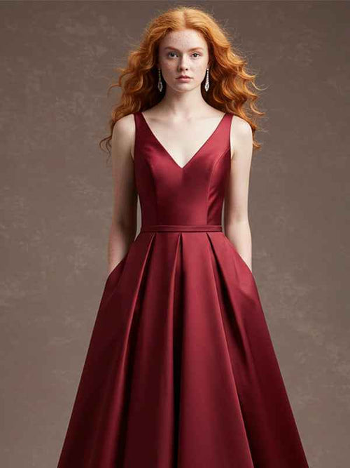 Burgundy Sheath/Column V-Neck Floor-Length Satin Prom Dress BMBRIDE