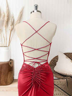 Red Mermaid Corset Spaghetti Straps Long Prom Dress with Appliques