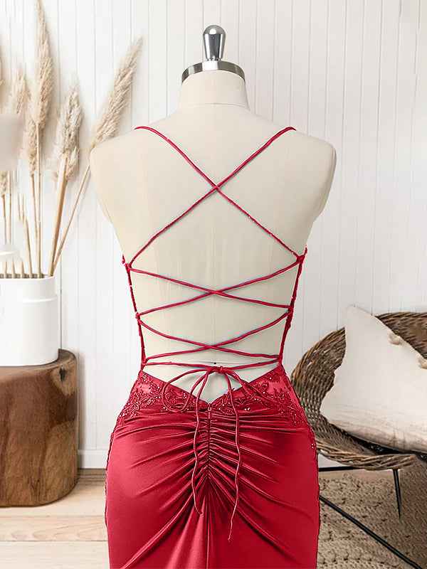 Red Mermaid Corset Spaghetti Straps Long Prom Dress with Appliques