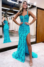 Sparkly Blue Sheath Sequins Long Prom Dress with Slit BM bride