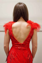 Sparkly Red Sequined Backless Tight Short Homecoming Dress with Feathers