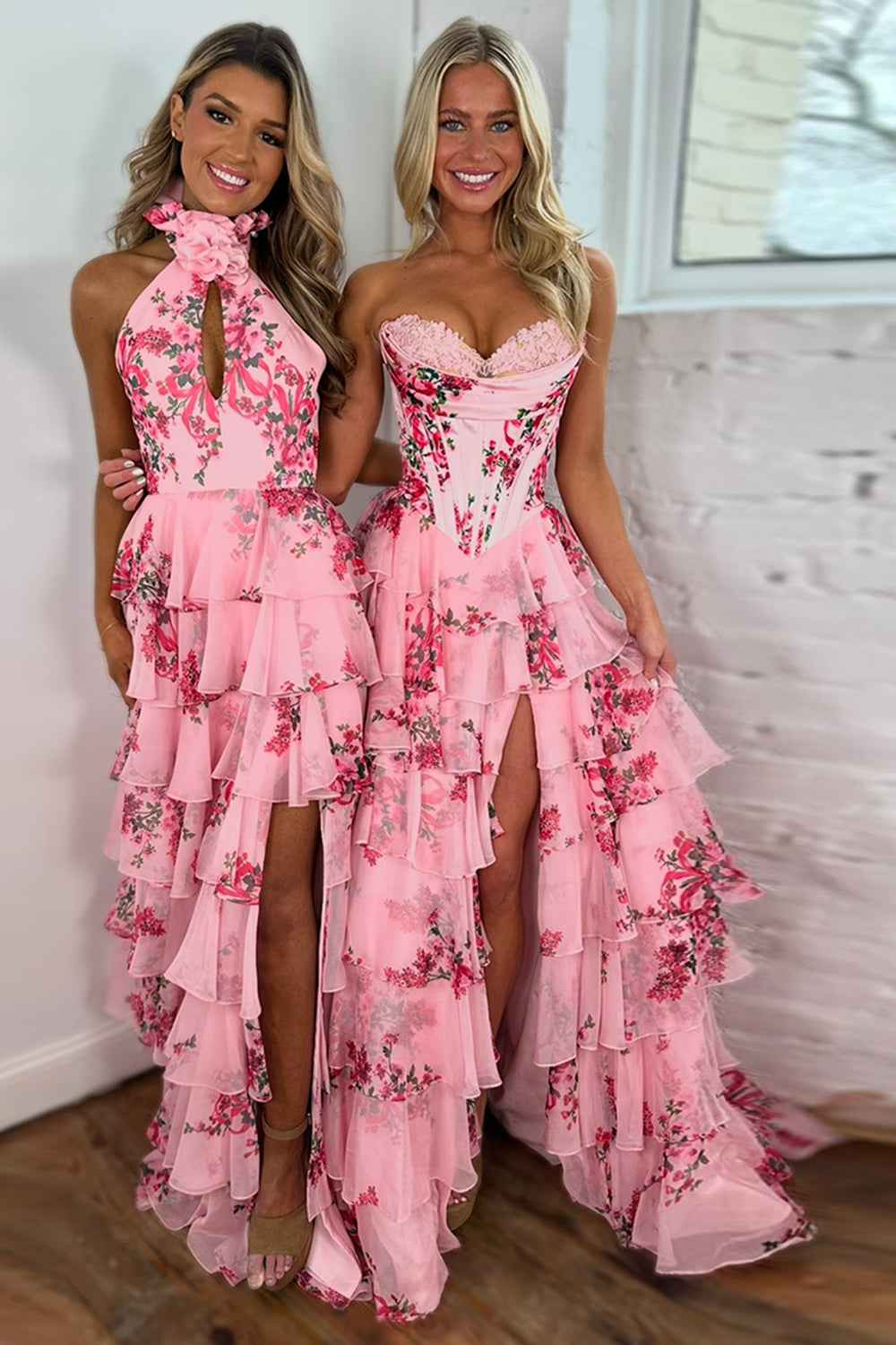 Blush Sweetheart A-Line Chiffon Floral Ruffled Long Corset Prom Dress with Slit