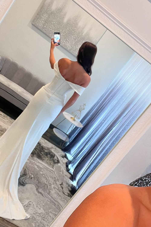 White Off The Shoulder Mermaid Satin Long Corset Prom Dress with Beading BMBRIDE
