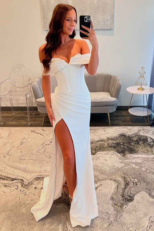 White Off The Shoulder Mermaid Satin Long Corset Prom Dress with Beading BMBRIDE