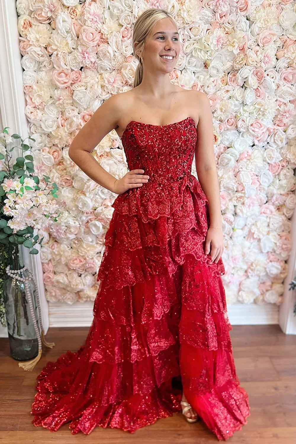 Sparkly Red Sequin Strapless Princess Tulle Tiered Long Corset Prom Dress with Slit