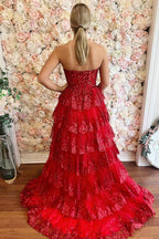 Sparkly Red Sequin Strapless Princess Tulle Tiered Long Corset Prom Dress with Slit