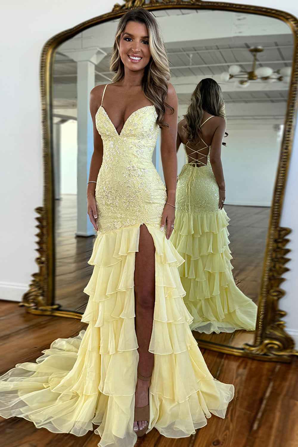 Sparkly Lilac Lace Appliques Sheath Tiered Long Chiffon Prom Dress with Slit