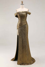 Sparkly Golden Mermaid One Shoulder Pleated Long Prom Dress with Slit