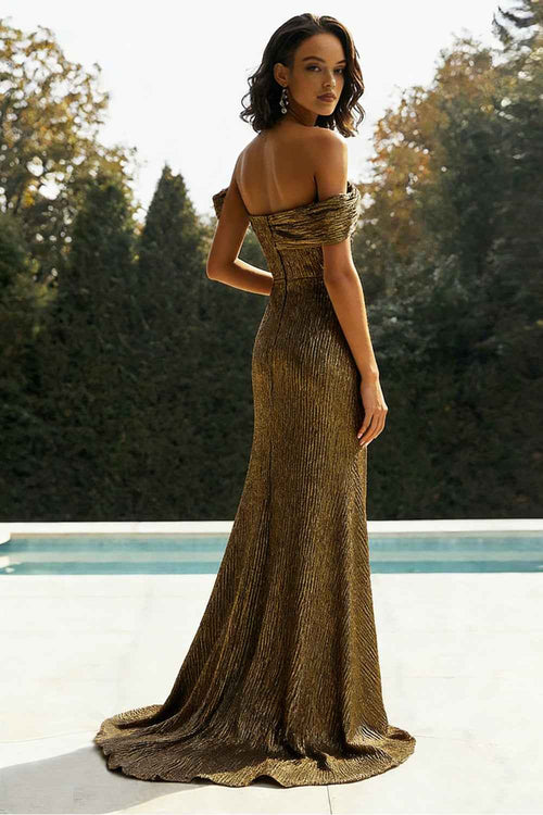 Sparkly Golden Mermaid One Shoulder Pleated Long Prom Dress with Slit BMBRIDE