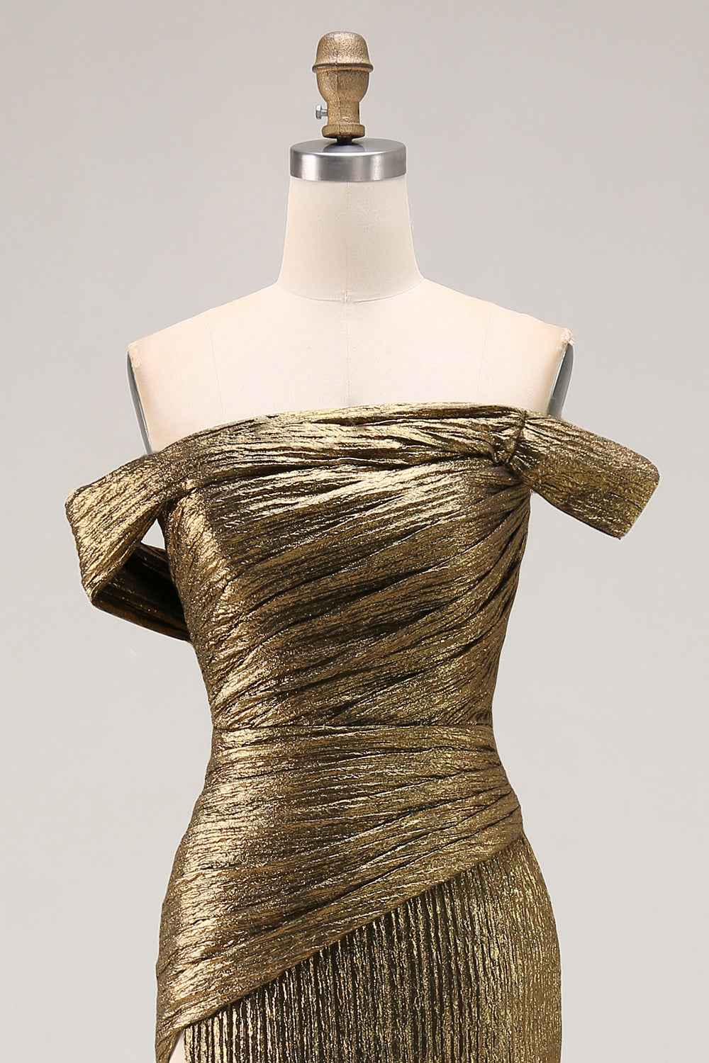 Sparkly Golden Mermaid One Shoulder Pleated Long Prom Dress with Slit