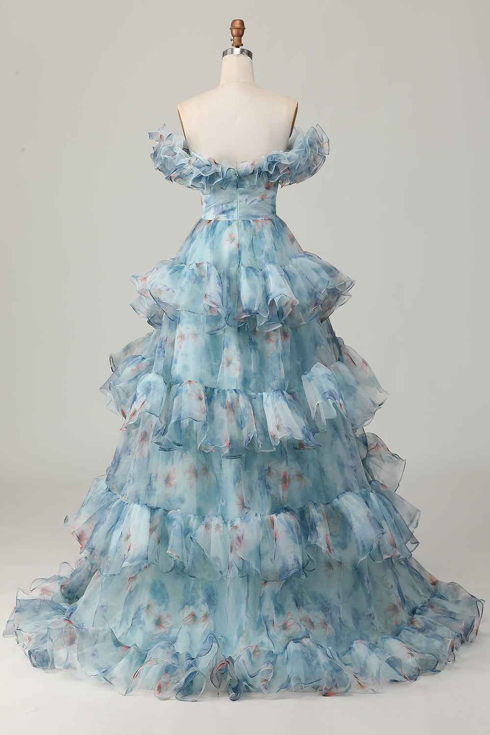 Blue Floral Print Off the Shoulder Princess Organza Long Prom Dress with Ruffles