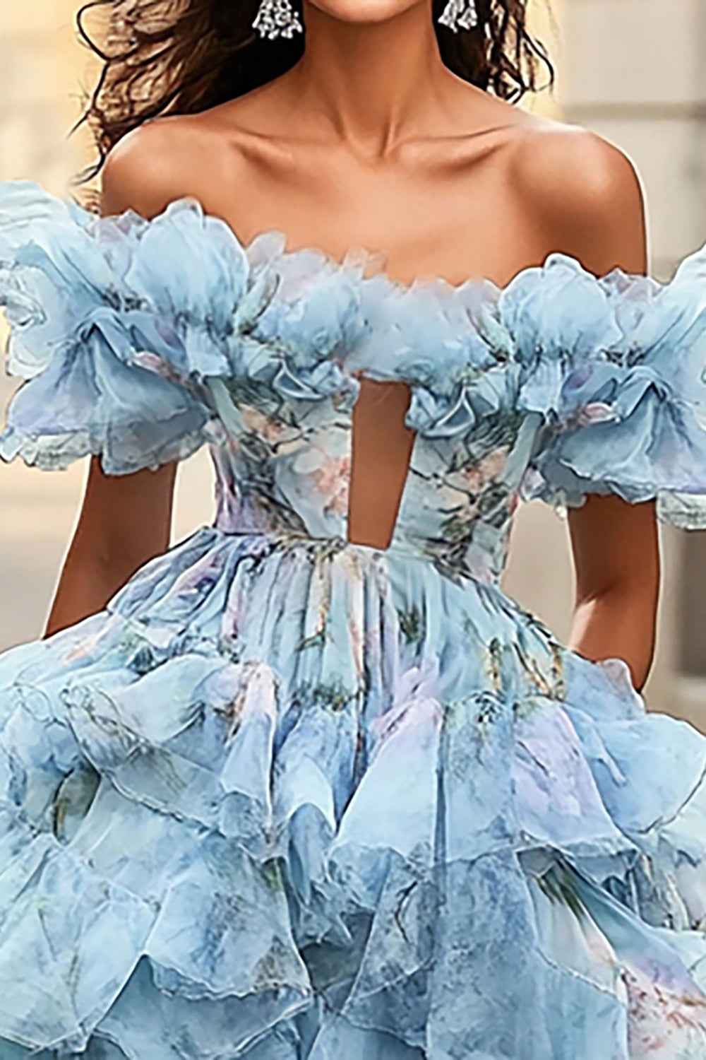 Blue Floral Print Off the Shoulder Princess Organza Long Prom Dress with Ruffles