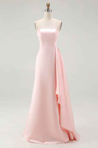 Pink Strapless Ruffled Sheath Long Satin Prom Dress