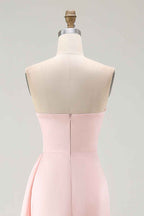 Pink Strapless Ruffled Sheath Long Satin Prom Dress