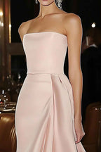 Pink Strapless Ruffled Sheath Long Satin Prom Dress