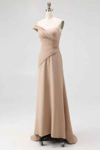 Light Khaki Ruched One Shoulder Sheath Long Satin Gala Dress