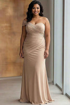 Light Khaki Ruched One Shoulder Sheath Long Satin Gala Dress