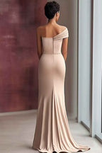 Light Khaki Ruched One Shoulder Sheath Long Satin Gala Dress