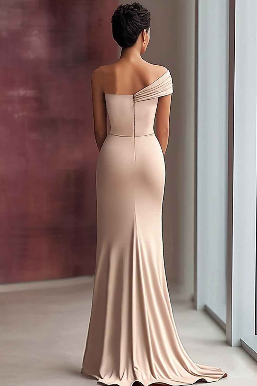 Light Khaki Ruched One Shoulder Sheath Long Satin Gala Dress