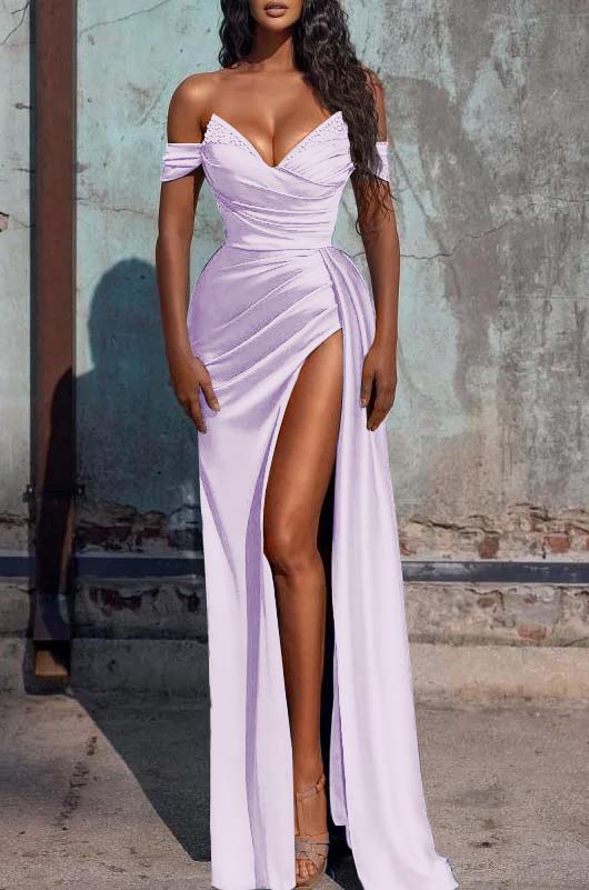 Mermaid Dusty Blue Off the Shoulder Sleeveless Prom Dress With High Split BMBRIDE