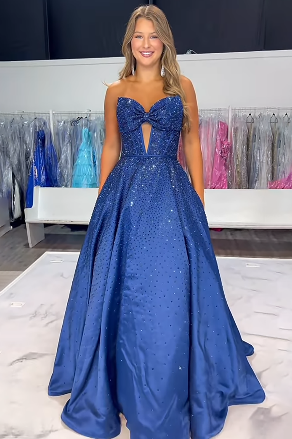 Sparkly White Sweetheart Beaded Princess Long Corset Prom Dress with Bow