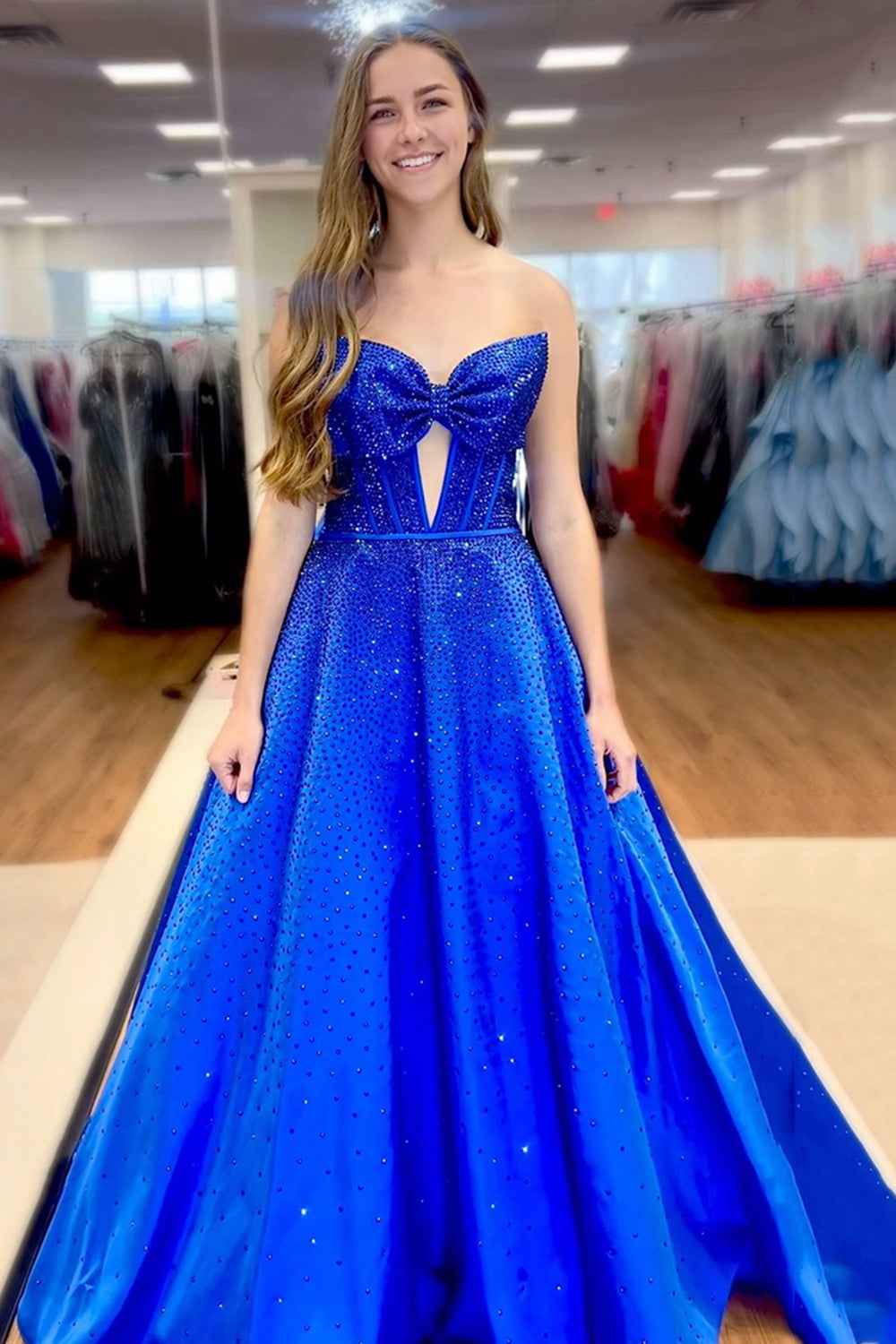 Sparkly White Sweetheart Beaded Princess Long Corset Prom Dress with Bow