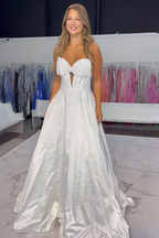 Sparkly White Sweetheart Beaded Princess Long Corset Prom Dress with Bow