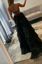 Navy Sparkly Strapless Corset A Line Long Chiffon Prom Dress