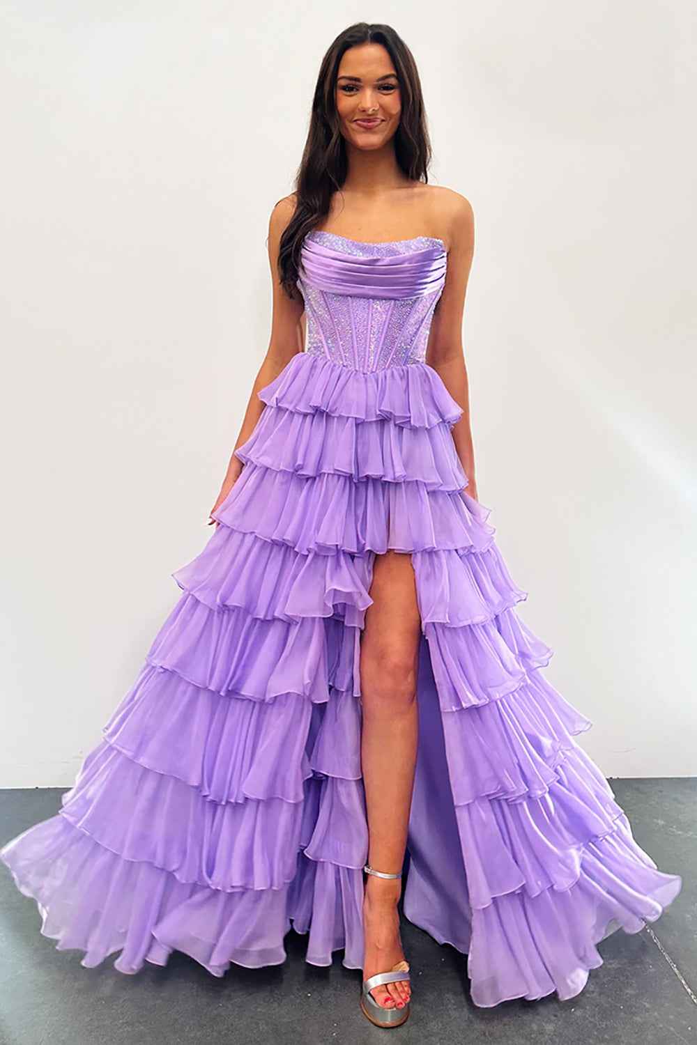 Navy Sparkly Strapless Corset A Line Long Chiffon Prom Dress