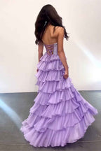 Navy Sparkly Strapless Corset A Line Long Chiffon Prom Dress