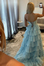 Navy Sparkly Strapless Corset A Line Long Chiffon Prom Dress