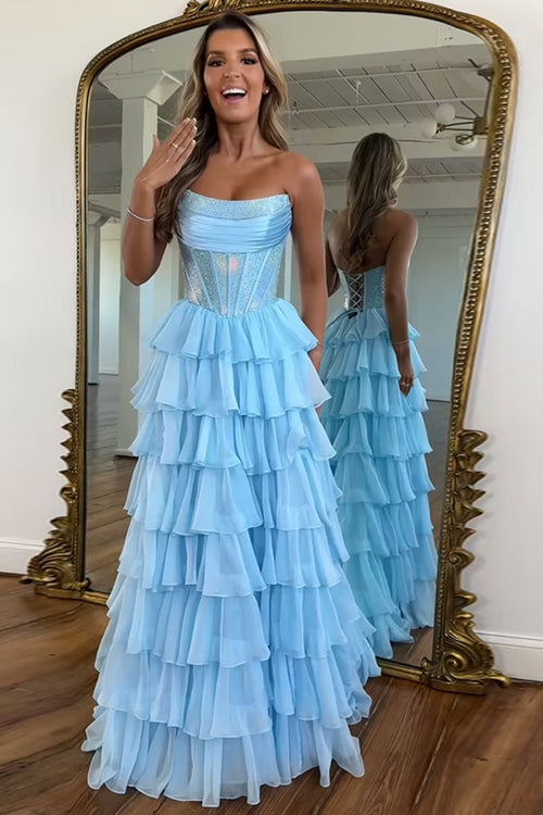 Navy Sparkly Strapless Corset A Line Long Chiffon Prom Dress BMBRIDE