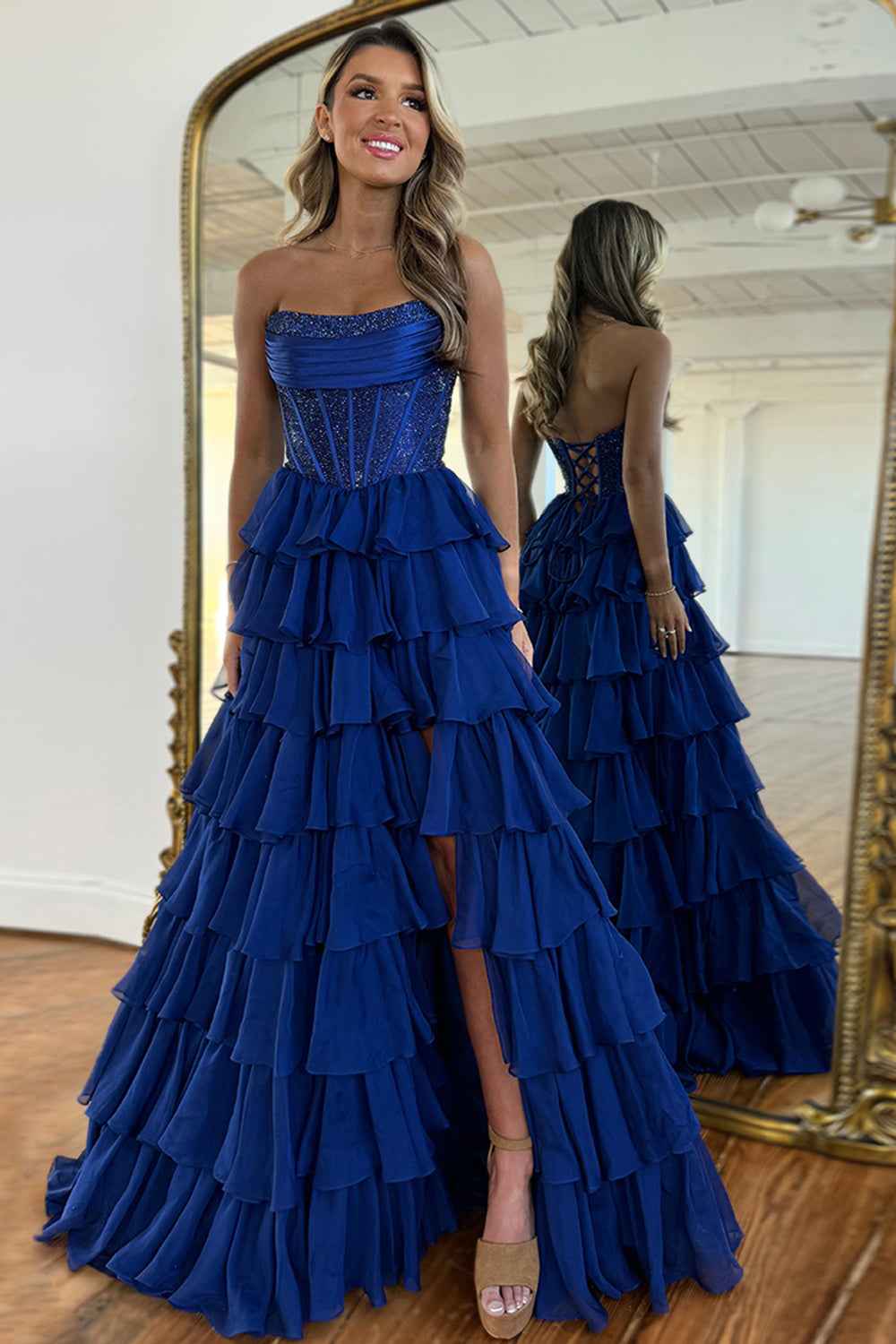 Navy Sparkly Strapless Corset A Line Long Chiffon Prom Dress
