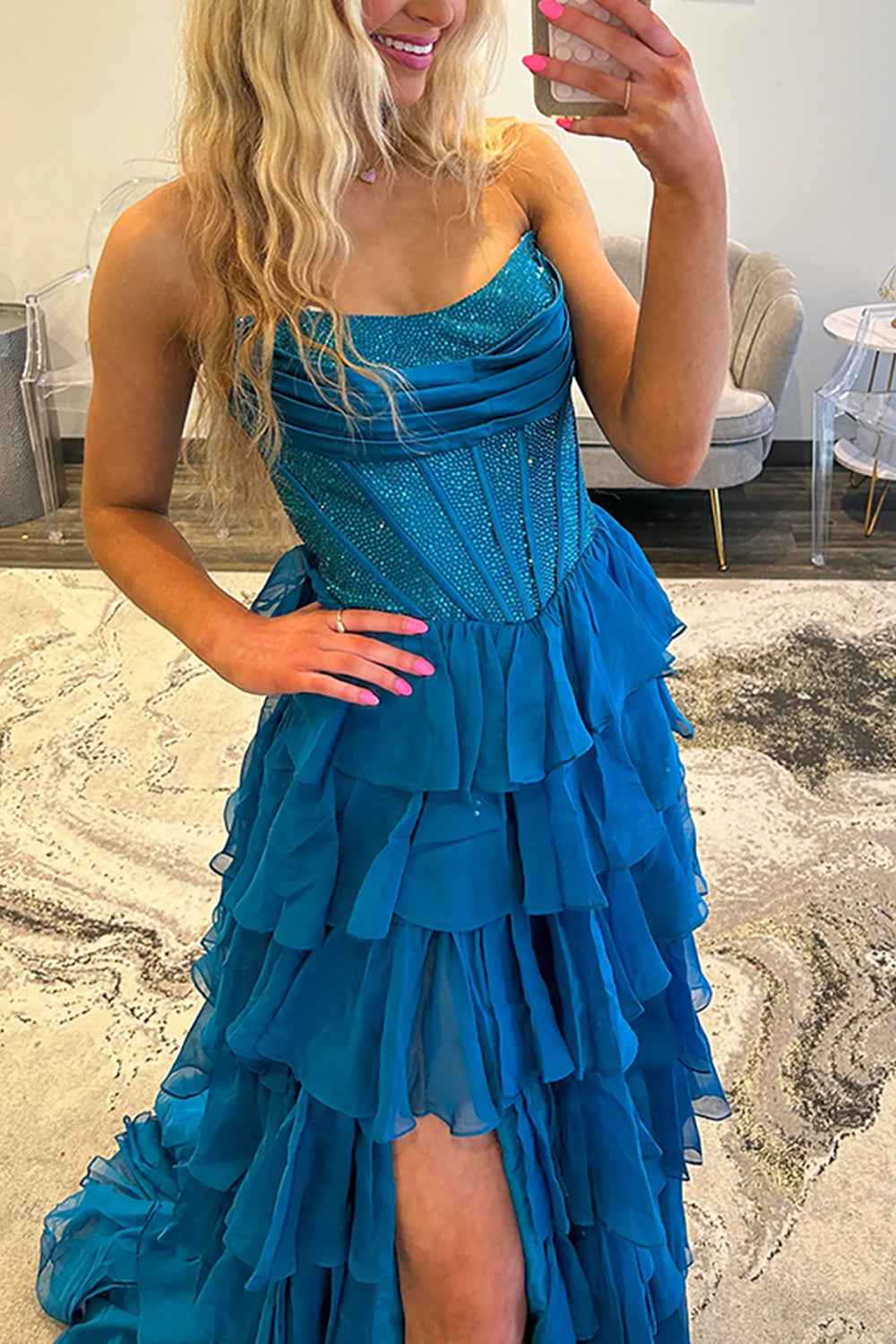 Navy Sparkly Strapless Corset A Line Long Chiffon Prom Dress