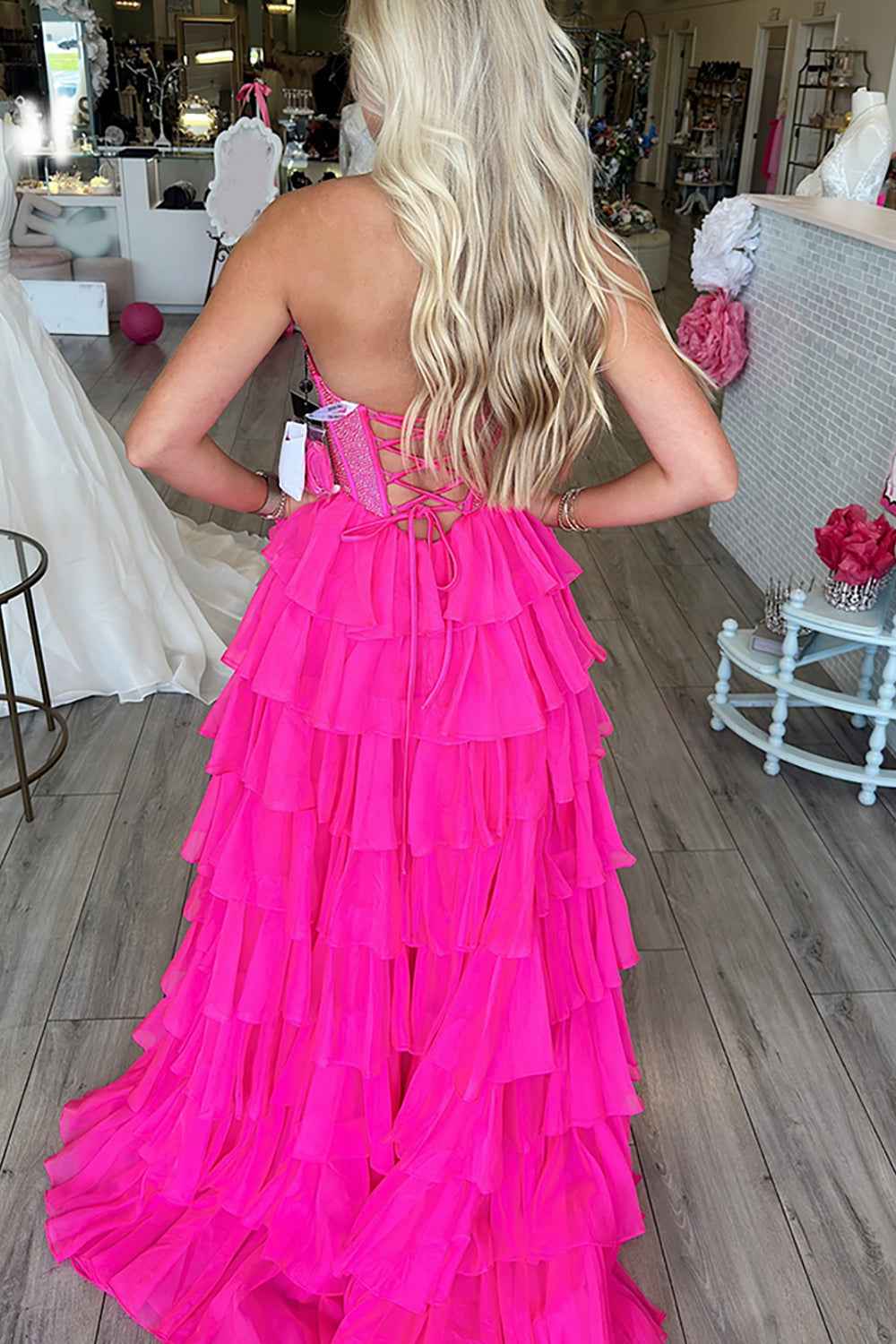 Navy Sparkly Strapless Corset A Line Long Chiffon Prom Dress