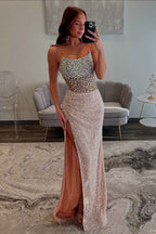 Sparkly Champagne Corset Strapless Long Prom Dress with Slit